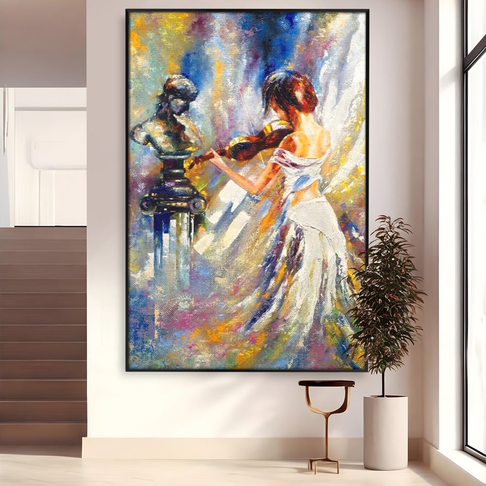 Tablou canvas cu pictura femeie cantand la vioara, in rama de aluminiu negru